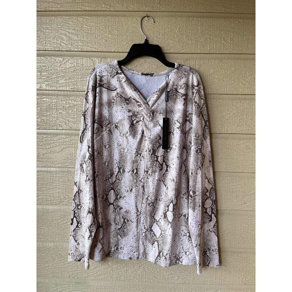 Elie Tahari womens V Neck Twist Knot Knit Top size XL Beige Snakeskin Print $110
